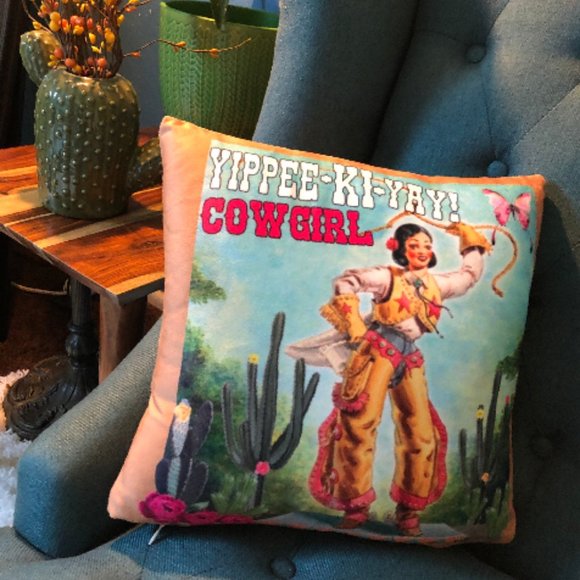 ✨ Western Retro Yippee Ki Yay Cowgirl Throw Pillow - Picture 5 of 8